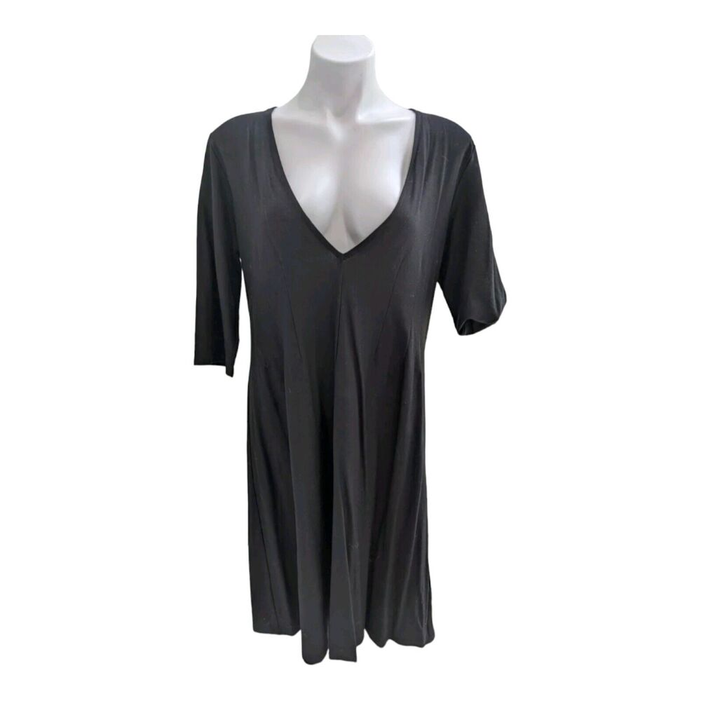 Eileen Fisher Dress XL Black Washable Stretch Crepe Rayon V-Neck Half Sleeves